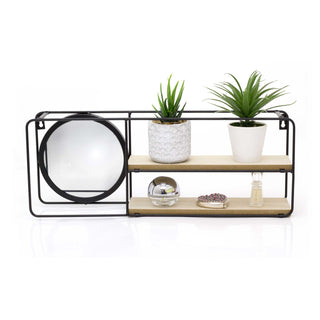 Black Industrial Style 2 Tier Wooden Shelves With Mirror | Double Shelf Rack Display Rack Organiser | Rectangle Shelf Storage Unit