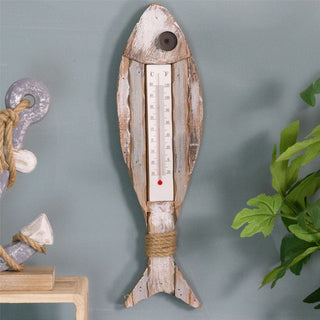 Rustic Nautical Fish Shaped Wall Thermometer | Wooden Hanging Room Thermometer