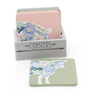 Set Of 6 Floral Animal Wooden Coasters | 6 Piece Coasters With Holder Cup Mug Table Mats | Wood Drinks Coaster Set