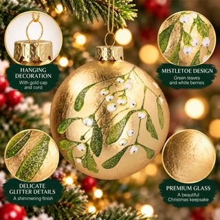 Gold Mistletoe Glass Christmas Bauble, Gisela Graham Tree Decoration 8cm