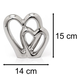 15cm Elegant Silver Heart Ornament Decoration | Ceramic Silver Double Heart Sculpture | Dual Love Heart Ornament Valentines Anniversary Wedding Gifts