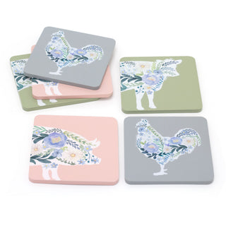 Set Of 6 Floral Animal Wooden Coasters | 6 Piece Coasters With Holder Cup Mug Table Mats | Wood Drinks Coaster Set