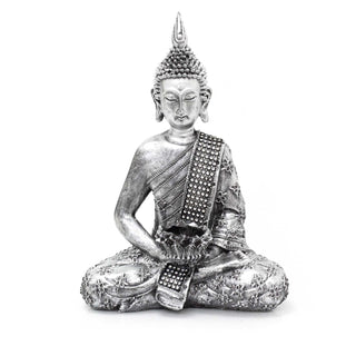 Silver Sitting Jewel Buddha Statue Tealight Holder | Polyresin Buddha Ornament