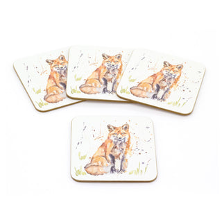 Set Of 4 Watercolour Design Woodland Fox Coasters | 4 Piece Animal Cork Square Coaster Set | Four Red Fox Wildlife Cup Mug Table Mats