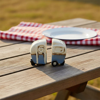 Caravan Salt and Pepper Shakers, Blue and White Camping Van Salt & Pepper Pots