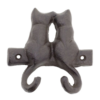 Cast Iron Cat Double Wall Hook, 11cm Rustic Novelty Hook with Two Cats