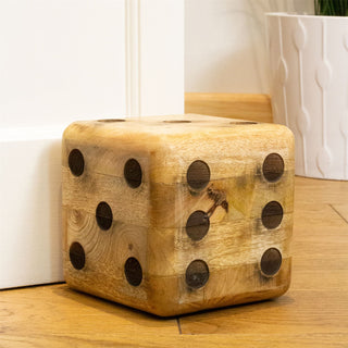 Mango Wood Dice Shaped Doorstop | Novelty Chunky Cube Wooden Door Stopper - 15cm