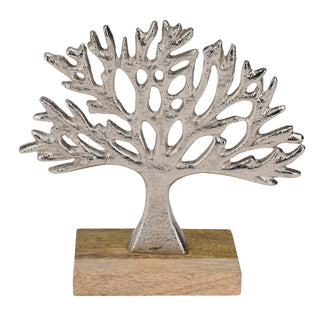 Tree of Life Ornament, 16.5cm Silver Metal Tree Sculpture on Mango Wood Base