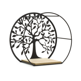 Set Of 3 Tree Of Life Wall Mounted Wooden Display Shelf | 3 Piece Black Metal Storage Shelves | Round Wall Shelves