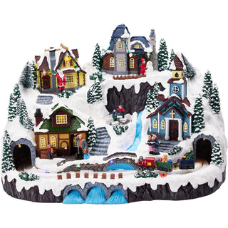 LED Christmas Village with Moving Train and Ice Skaters, Snowy Winter Scene