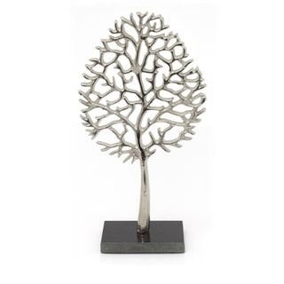 34cm Elegant Silver Tone Tree Of Life Sculpture | Silver Metal Tree Ornament On Marble Base | Silver Family Tree On Marble Stand Centerpiece