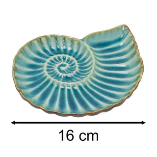 Ceramic Ammonite Trinket Dish, 14cm Blue Teal Glaze Nautical Jewellery Tray
