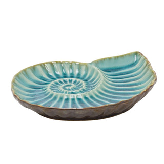 Ceramic Ammonite Trinket Dish, 14cm Blue Teal Glaze Nautical Jewellery Tray