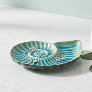 Ceramic Ammonite Trinket Dish, 14cm Blue Teal Glaze Nautical Jewellery Tray