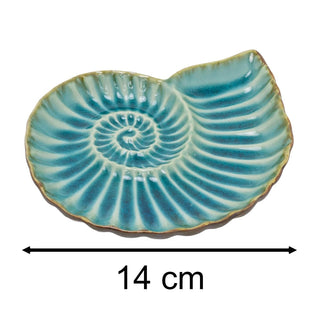 Ceramic Ammonite Trinket Dish, 14cm Blue Teal Glaze Nautical Jewellery Tray