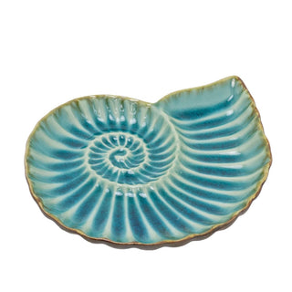 Ceramic Ammonite Trinket Dish, 14cm Blue Teal Glaze Nautical Jewellery Tray