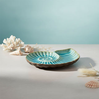Ceramic Ammonite Trinket Dish, 14cm Blue Teal Glaze Nautical Jewellery Tray