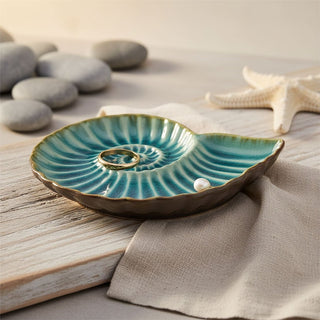 Ceramic Ammonite Trinket Dish, 14cm Blue Teal Glaze Nautical Jewellery Tray