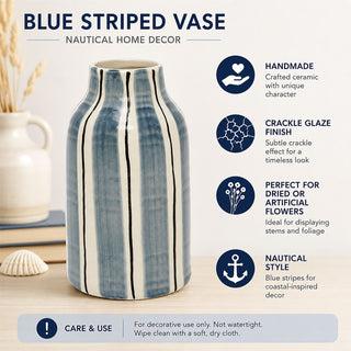 Ceramic Blue Striped Vase, 20.5 cm Decorative Bottle Vase for Dried Stems