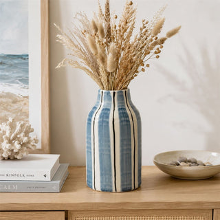 Ceramic Blue Striped Vase, 20.5 cm Decorative Bottle Vase for Dried Stems
