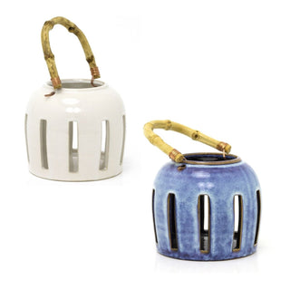 Ceramic Candle Lantern With Bamboo Handle | Hanging Tealight Holder - 13x13cm