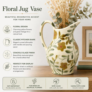 Ceramic Floral Jug Vase, 23 cm Decorative Pitcher Vase with Crackle Glaze