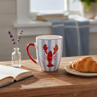 Ceramic Lobster Mug, 340ml Coastal Blue Stripe Coffee Cup with Nautical Design