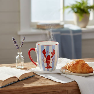 Ceramic Lobster Mug, 340ml Coastal Blue Stripe Coffee Cup with Nautical Design