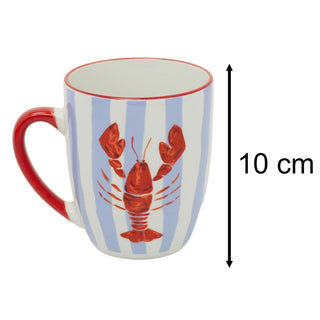Ceramic Lobster Mug, 340ml Coastal Blue Stripe Coffee Cup with Nautical Design
