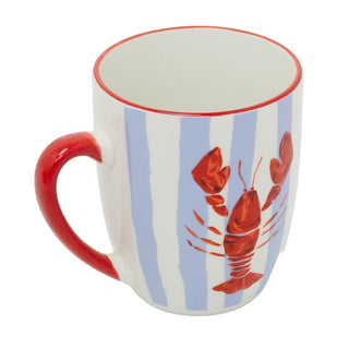 Ceramic Lobster Mug, 340ml Coastal Blue Stripe Coffee Cup with Nautical Design