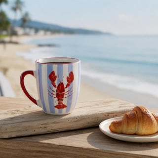 Ceramic Lobster Mug, 340ml Coastal Blue Stripe Coffee Cup with Nautical Design