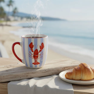 Ceramic Lobster Mug, 340ml Coastal Blue Stripe Coffee Cup with Nautical Design