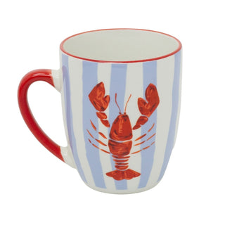 Ceramic Lobster Mug, 340ml Coastal Blue Stripe Coffee Cup with Nautical Design
