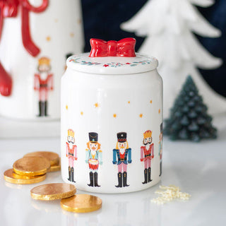 Ceramic Nutcracker Christmas Jar with Red Bow Lid | Festive Biscuit Barrel 15cm