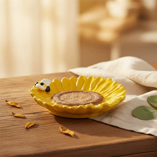 Ceramic Sunflower Trinket Dish, 12.5cm Floral Jewellery Tray with Bumblebee