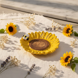Ceramic Sunflower Trinket Dish, 12.5cm Floral Jewellery Tray with Bumblebee