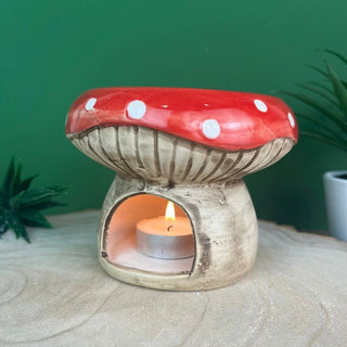 Ceramic Toadstool Oil Burner | Rustic Mushroom Tea Light Wax Melt Burner - 9.5cm