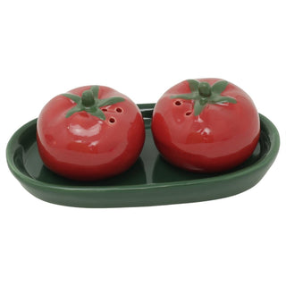 Ceramic Tomato Salt & Pepper Shakers with Tray, 13cm Refillable Red Cruet Set