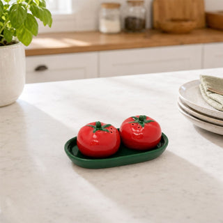 Ceramic Tomato Salt & Pepper Shakers with Tray, 13cm Refillable Red Cruet Set