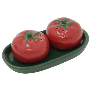 Ceramic Tomato Salt & Pepper Shakers with Tray, 13cm Refillable Red Cruet Set