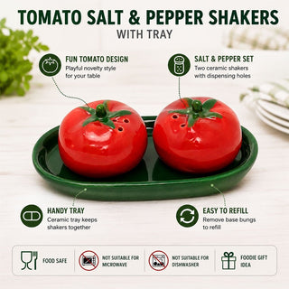Ceramic Tomato Salt & Pepper Shakers with Tray, 13cm Refillable Red Cruet Set