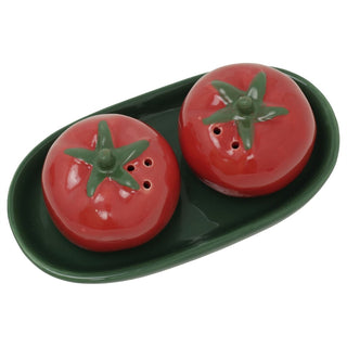 Ceramic Tomato Salt & Pepper Shakers with Tray, 13cm Refillable Red Cruet Set