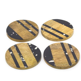 Set Of 4 Wooden Coasters With Holder | Square Cup Mug Table Mats | Drinks Coaster Set