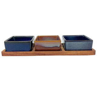 Set of 3 Square Ceramic Snack Bowls with Acacia Wood Serving Tray - 28cm