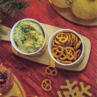 Christmas Mistletoe Serving Set | 2 Ceramic Snack Bowls with Bamboo Paddle Tray
