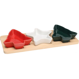 Christmas Serving Set | 3 Ceramic Snack Bowls with Bamboo Paddle Tray
