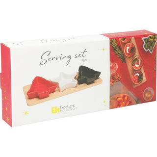 Christmas Serving Set | 3 Ceramic Snack Bowls with Bamboo Paddle Tray