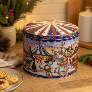 Christmas Storage Tin, Round Metal Carousel Biscuit Tin, 20 cm, Assorted