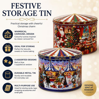 Christmas Storage Tin, Round Metal Carousel Biscuit Tin, 20 cm, Assorted