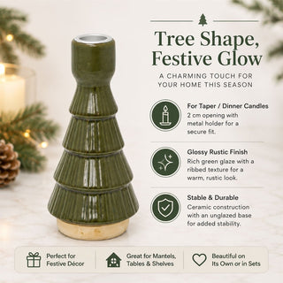 Christmas Tree Candle Holder, 16cm Green Candlestick Holder with Metal Cup